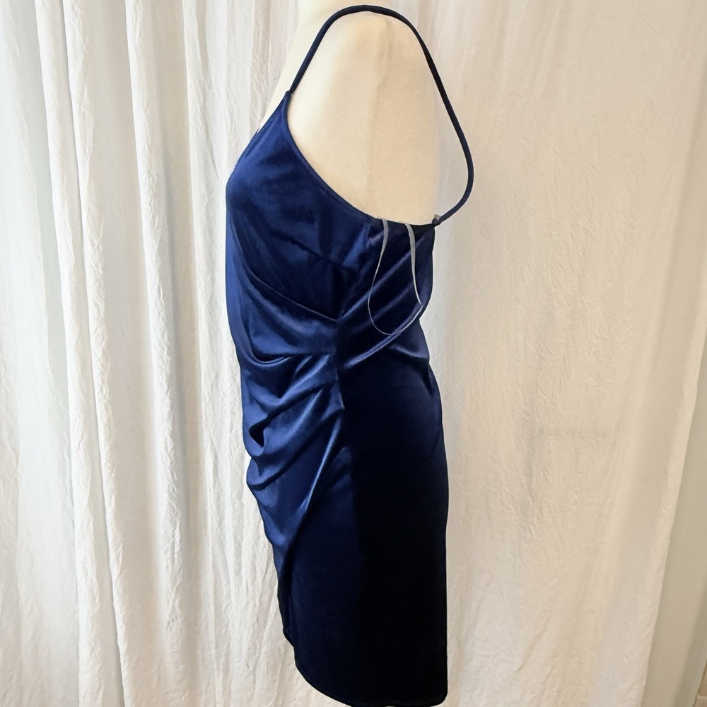 A'Gaci Women's Crushed Blue Velvet Sultry Cocktail Asymmetrical Hem Mini Dress L - Picture 4 of 13